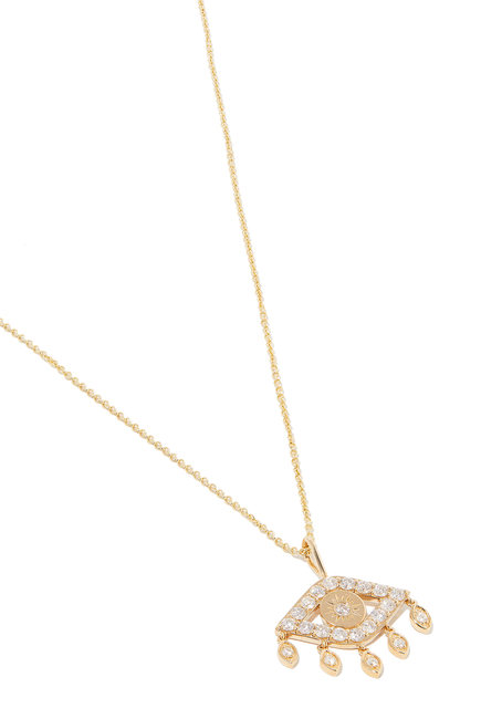 Evil Eye Fringe Charm Necklace, 14k Yellow Gold & Diamonds